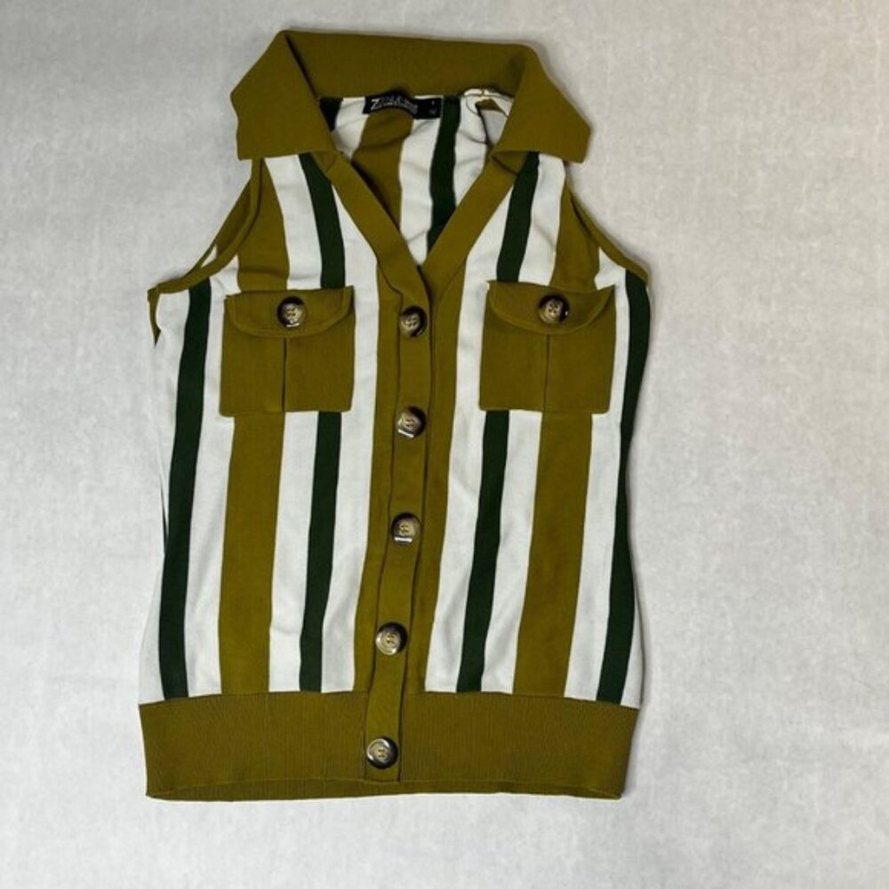 Striped Sleeveless Button-Up green white  By 7th Avenue Design Studio Small
